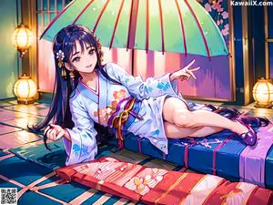 A woman in a kimono laying on a bed under an umbrella.
