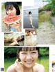 A collage of photos of a woman eating a slice of watermelon.